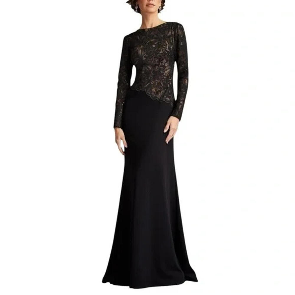 NEW Tadashi Shoji Shika Embroidered Gown in BLack/Nude Size 12 #LD180